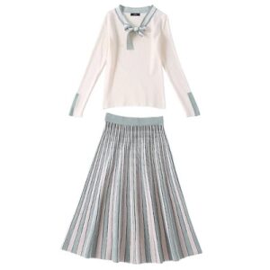 Bowknot Knitted Jumper Tops+  Sequnied Patchwork Skirts Sets - Image 4