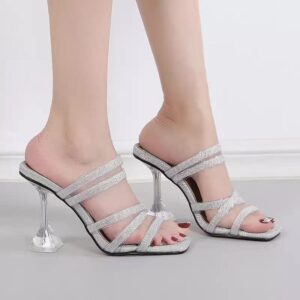 Fashion Shiny Rhinestone Design Square Toe High Heeled Sandals - Image 2