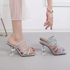 Fashion Shiny Rhinestone Design Square Toe High Heeled Sandals - Image 3