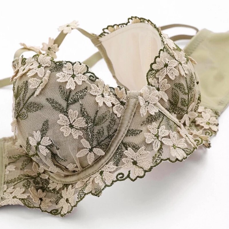 Embroidered Flower Lace Push Up Soft Cute Bra and Panties Set