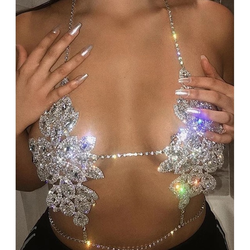 Rhinestone Metal Chain Hollow Out Party Crop Tops