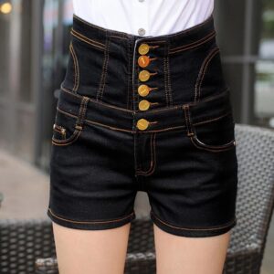 Denim High Waist Single Button Stretch Vintage Short Pants - Image 3