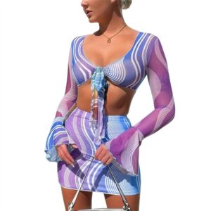 Abstract Print Cover-Up + Bikini Bottom + Skirt 3 pieces set