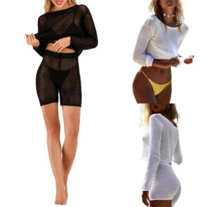 Knitted Hollow Grid Long Sleeve Tops Swimwear - Image 3