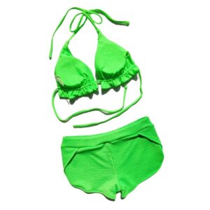 Solid Color Tied Halter Neck Padded Bra + High Waist Bikini Set - Image 5