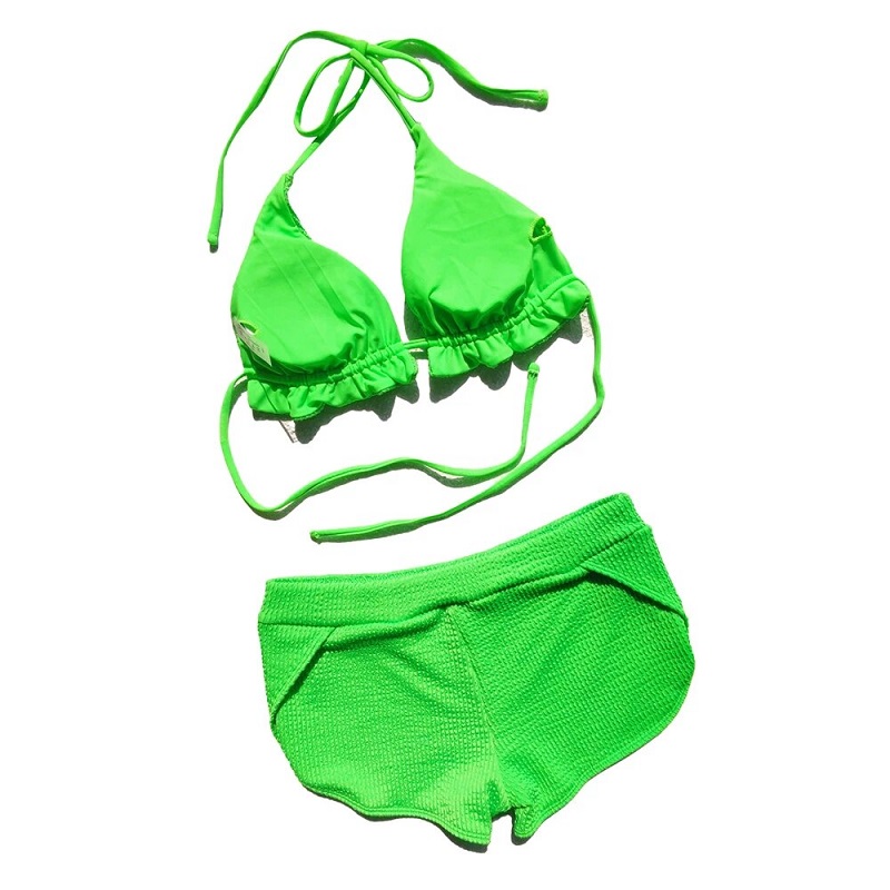 Solid Color Tied Halter Neck Padded Bra + High Waist Bikini Set
