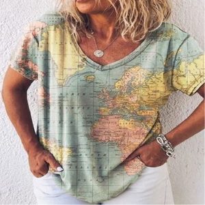 Map Print T Short Sleeve Loose T-Shirt - Image 3