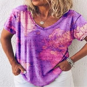 Map Print T Short Sleeve Loose T-Shirt - Image 4