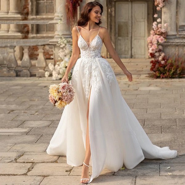 Detachable Sleeves V-Neck Bride Bridal Gown
