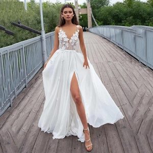 3D Flowers Chiffon Beach Wedding Dress - Image 4