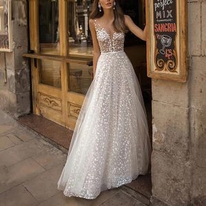 Deep V Neck Backless 3D Floral Wedding Dresses