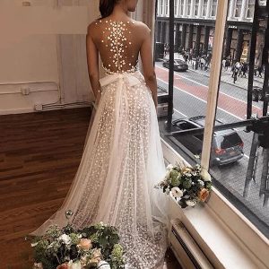 Deep V Neck Backless 3D Floral Wedding Dresses - Image 3
