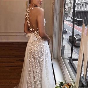 Deep V Neck Backless 3D Floral Wedding Dresses - Image 5