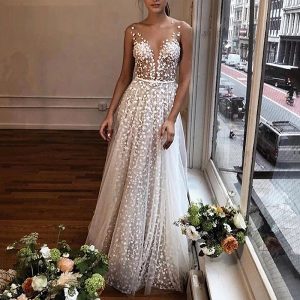 Deep V Neck Backless 3D Floral Wedding Dresses - Image 6
