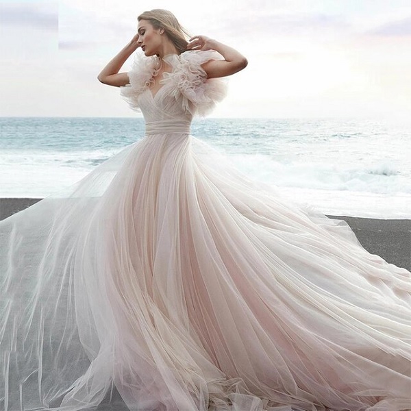 Pink Short Puffy Sleeves Beach Princess Wedding Dress - Power Day Sale