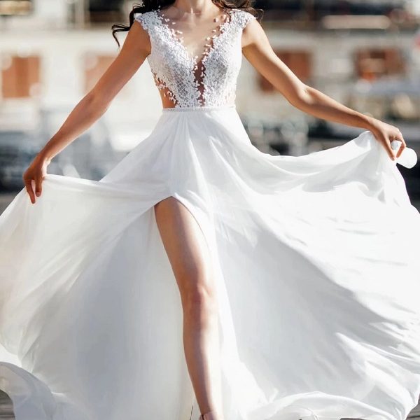 Sexy Sheer O Neck A-Line Wedding Dress