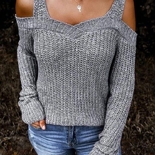 Knit Pullover Sweater Cold Shoulder Sleeves - Image 3