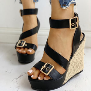 Women's Strappy Wedges - Gold Metal Buckles / Open Toes - Image 5