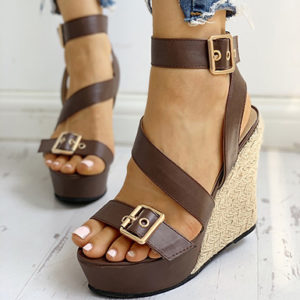 Women's Strappy Wedges - Gold Metal Buckles / Open Toes