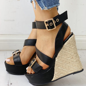 Women's Strappy Wedges - Gold Metal Buckles / Open Toes - Image 3