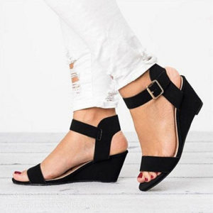 Casual Suede Wedges with Metal Buckles - Open Heels - Image 3