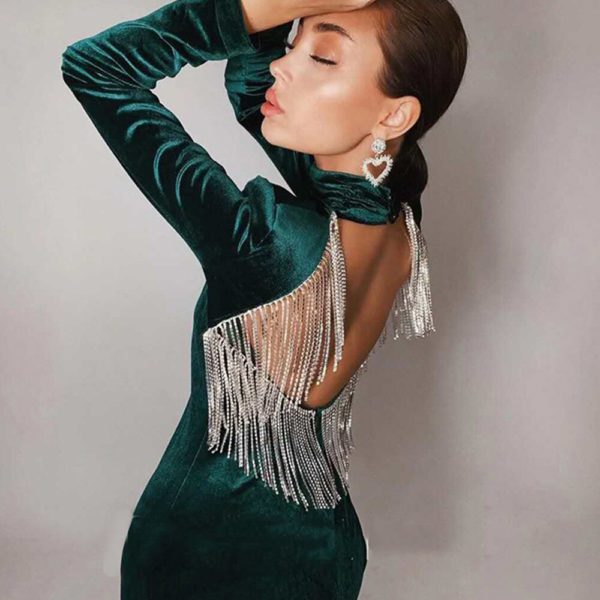 Sexy Backless Diamond Tassel Velvet Dress Power Day Sale