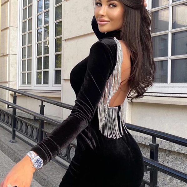 Sexy Backless Diamond Tassel Velvet Dress - Image 3