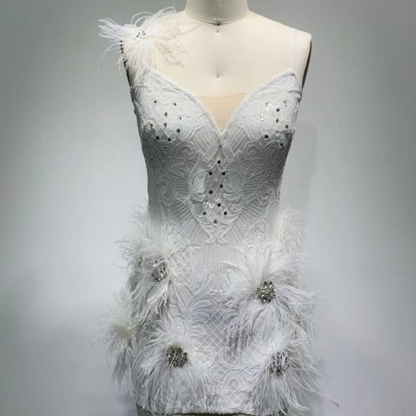 Gold Feathers Beading Crystals V-neck Backless Dress - Image 5