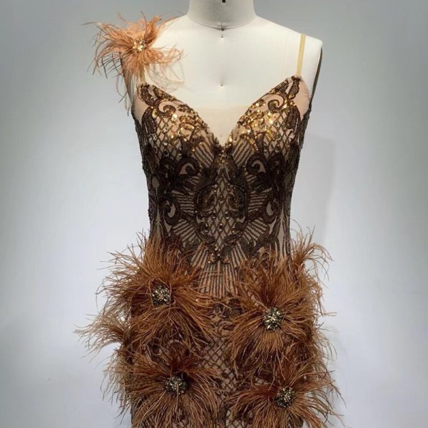 Gold Feathers Beading Crystals V-neck Backless Dress - Image 3