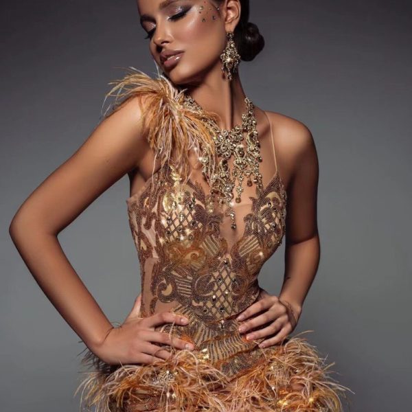 Gold Feathers Beading Crystals V-neck Backless Dress - Image 7