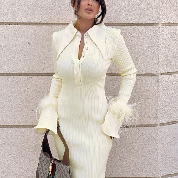 Casual Long Sleeve Feather Design Bandage Club Party Dress - Image 4