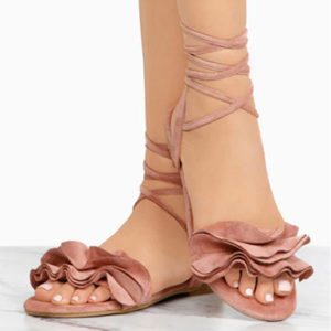 Women's Flirty Ruffled Sandals - Crisscrossed Ankle Straps / Flat Soles - Image 2