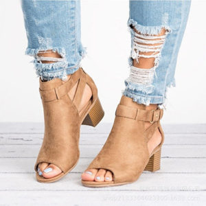 Women's Chunky Mid Heel shoes - Open Toes / Double Strap Trim - Image 6