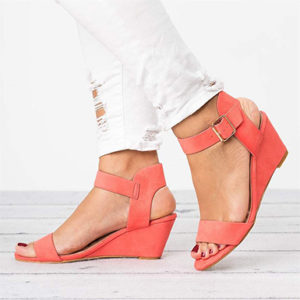 Casual Suede Wedges with Metal Buckles - Open Heels - Image 7