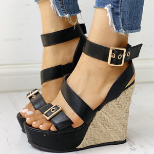 Women's Strappy Wedges - Gold Metal Buckles / Open Toes - Image 2