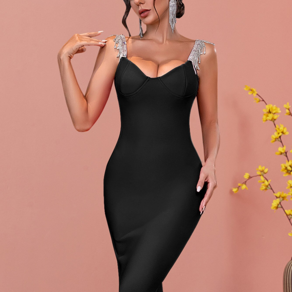 Tassel Bandage Dress Sexy Spaghetti Strap Sleeveless Black Midi - Image 5