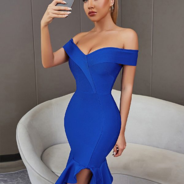 Off Shoulder Trumpet Bandage Dress V Neck Bodycon Blue Dress - Image 4