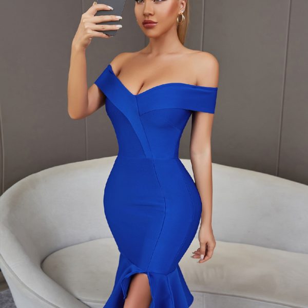 Off Shoulder Trumpet Bandage Dress V Neck Bodycon Blue Dress