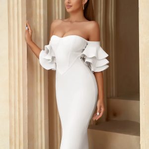 Elegant Off Shoulder Butterfly Short Sleeve Bodycon Bandage Dress - Image 5