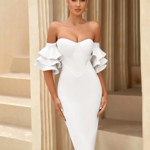 Elegant Off Shoulder Butterfly Short Sleeve Bodycon Bandage Dress