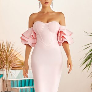 Elegant Off Shoulder Butterfly Short Sleeve Bodycon Bandage Dress - Image 10