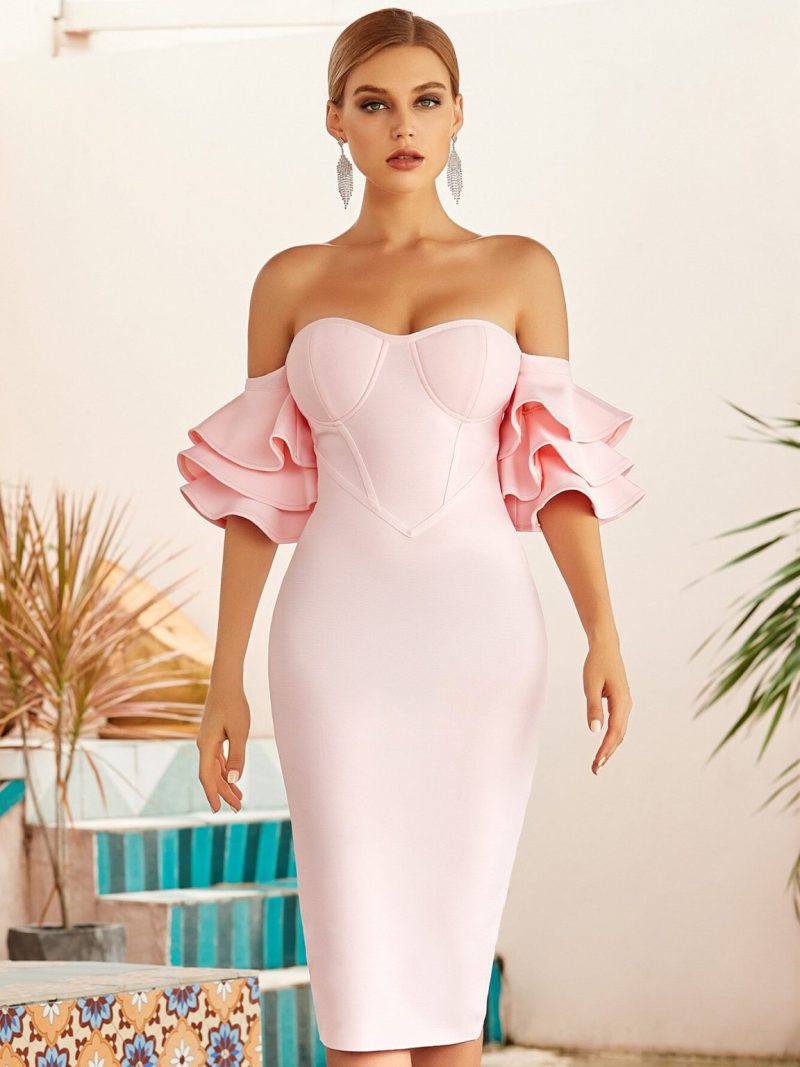 Elegant Off Shoulder Butterfly Short Sleeve Bodycon Bandage Dress - Image 10