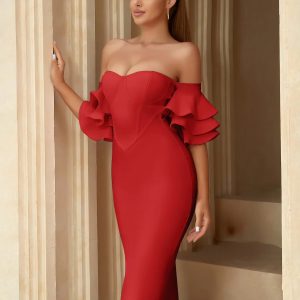 Elegant Off Shoulder Butterfly Short Sleeve Bodycon Bandage Dress - Image 8