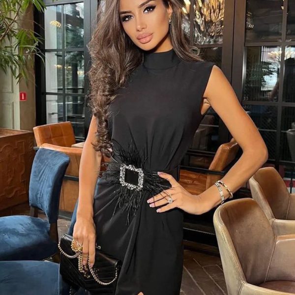 Black Feather Split Midi Dress - Image 3