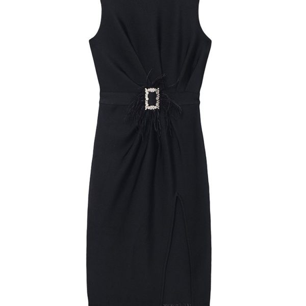 Black Feather Split Midi Dress - Image 9