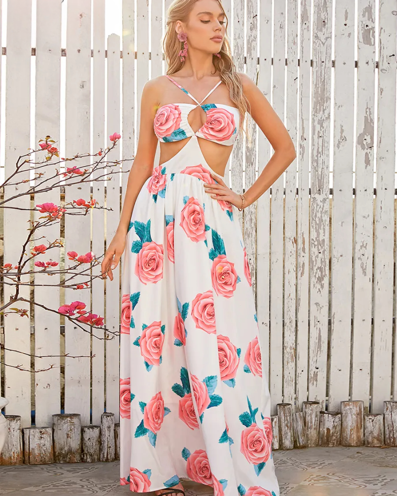 Floral Print Tie Backless Maxi Dress