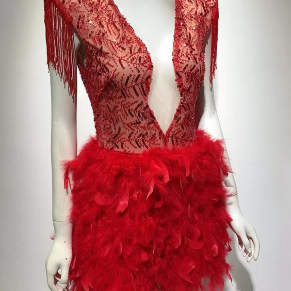 Luxury V Neck Sequined Tassel Feather Mini Dress - Image 4