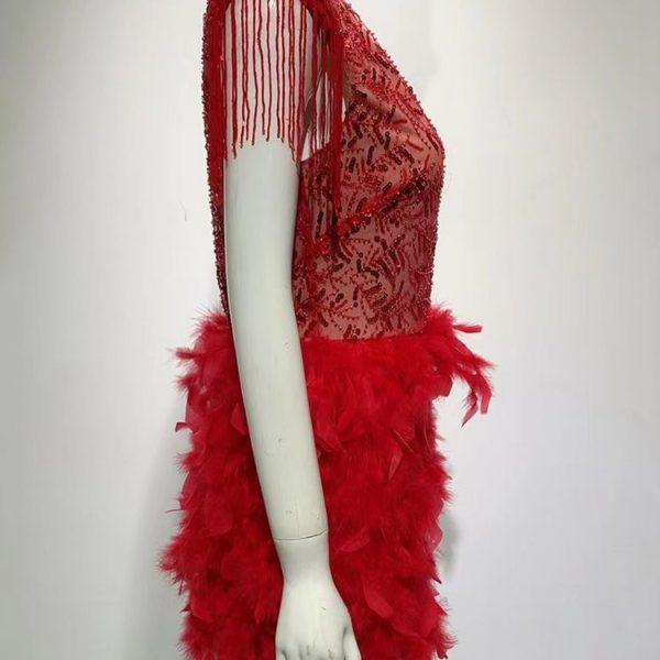 Luxury V Neck Sequined Tassel Feather Mini Dress - Image 3