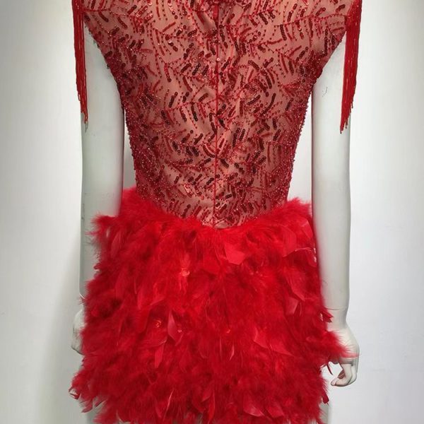 Luxury V Neck Sequined Tassel Feather Mini Dress - Image 2