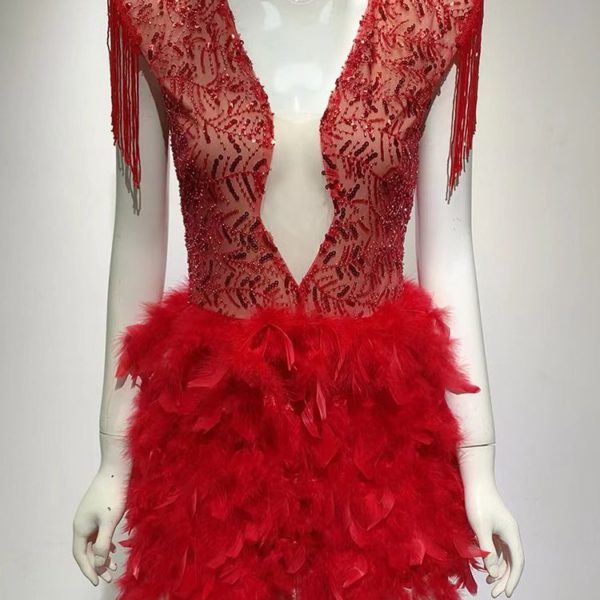 Luxury V Neck Sequined Tassel Feather Mini Dress